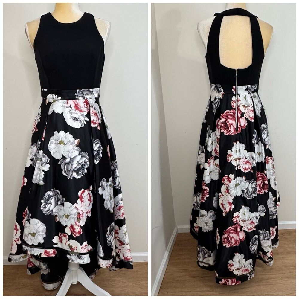Nicole Miller Floral High Low Gown Size 4 Black Multicolor Open Back Tulle Skirt